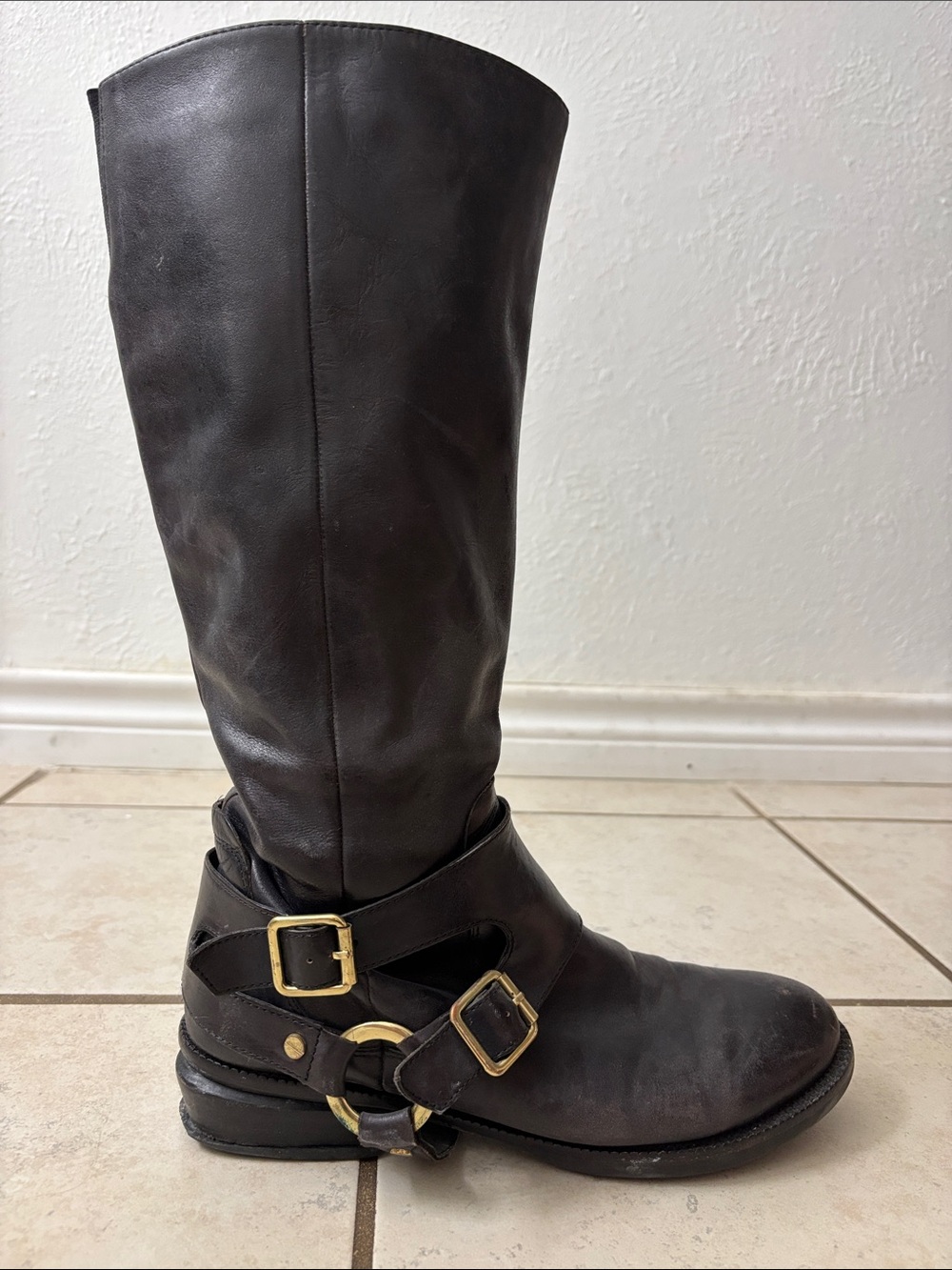 Women's Genuine Leather Tall Riding Boot in Black with Gold Buckles